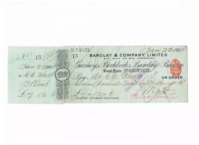 Barclay & Co. Norwich 1901 Cheque