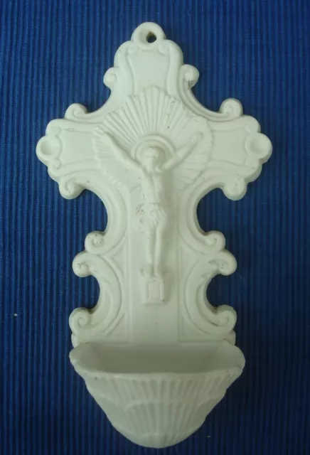 V40 Bénitier Biscuit Porcelaine Croix Christ Numéroté XIXe ancien collection
