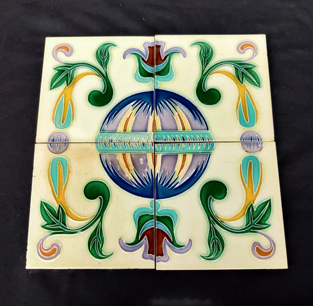 Vintage Globe Design Embossed Nouveau Architecture Furniture Tiles Japan 4Pc