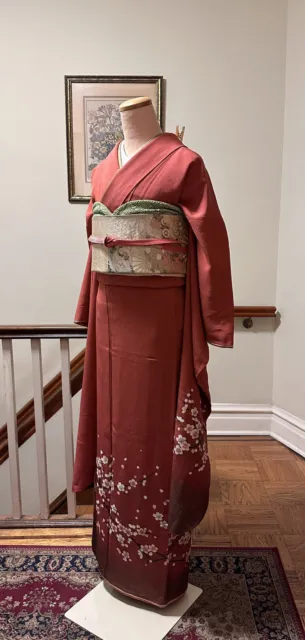 Japanese Vintage Traditional Red Silk Furisode Kimono Robe + Gold Embroidery Obi 4