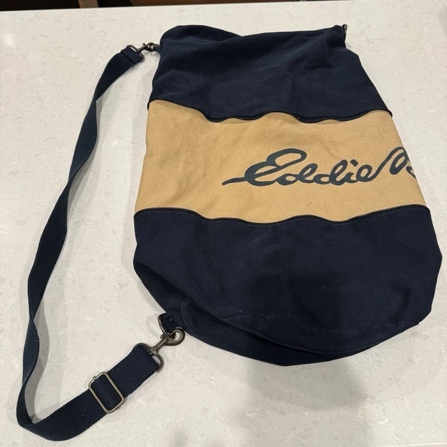 EDDIE BAUER VINTAGE Expandable Blue Tan Canvas Sling Duffle Travel