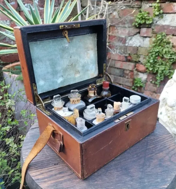 Antique 19thc Apothecary Box Leather With + Contents Bottles Possibly Military