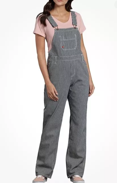 Dickies Womens Railroad Hickory Stripe Relaxed Fit Dungaree Overalls Bib Sz XS