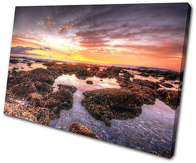 Sunset Seascape beautiful Shore  SINGLE CANVAS WALL ART Picture Print VA