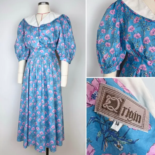 VINTAGE Midi Sun Dress Blue Floral Cottagecore Poppy Puff Sleeve 80s Belted UK10