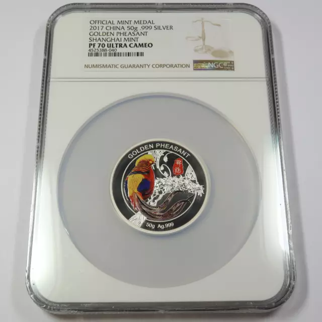 2017 NGC PF70 - CHINA - 50g Silver Golden Pheasant Colorized Medal #46485V