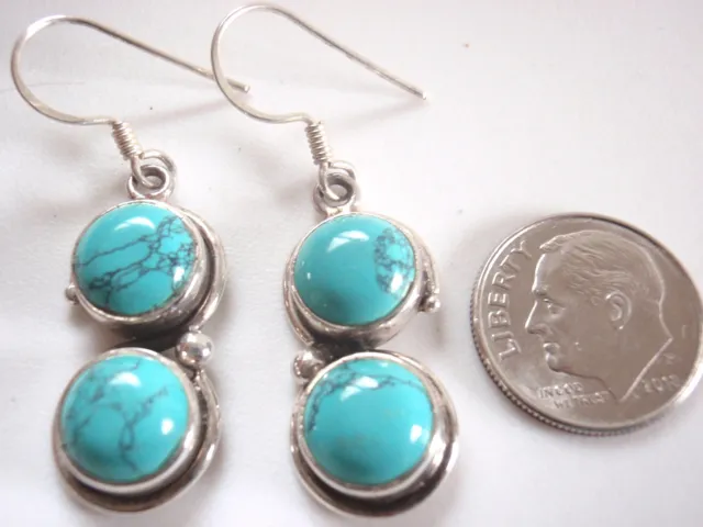 Simulated Turquoise Double-Gem Round 925 Sterling Silver Dangle Earrings