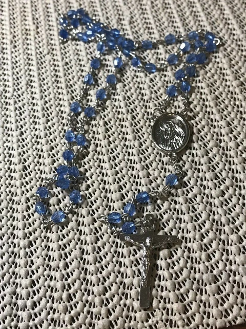 Vtg Rosary Silver Tone & Blue Beads 19 1/2"