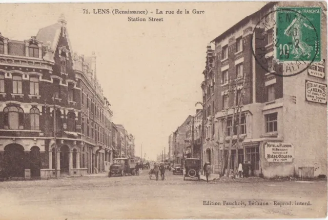 CPA 62 Env. Douai Liévin LENS Renaissance Rue de la Gare HOTEL DE FLANDRE 1925