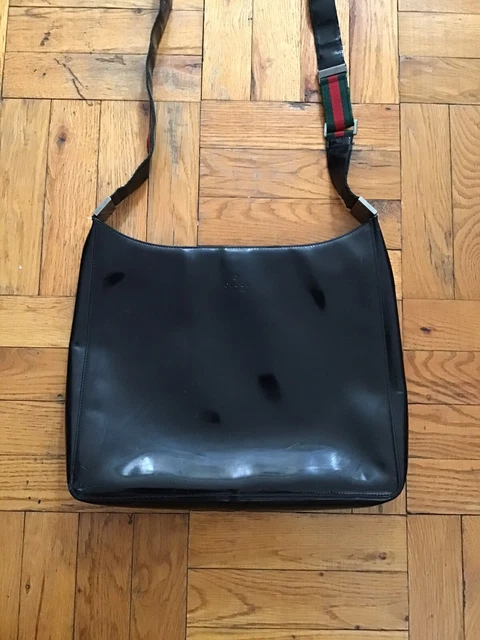 Vintage Gucci 11x12 Black Patent Leather Shoulder Bag w/Pouch,Made in Italy,FLAW