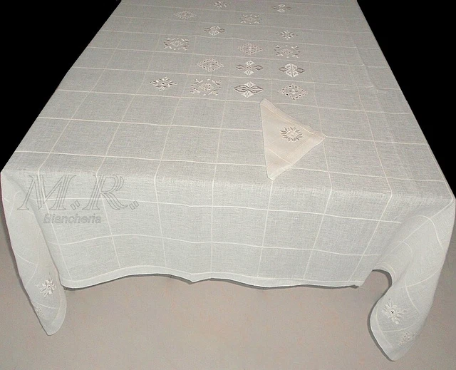 Nappe élégante En Pur Lin - 12 Personnes - Broderie Main Point Plein Or Fil De Soie
