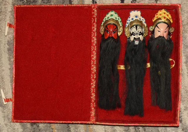 Vintage Chinese Masks For Peking Opera With Hair 10" Tall - Lot Of 3 Masks