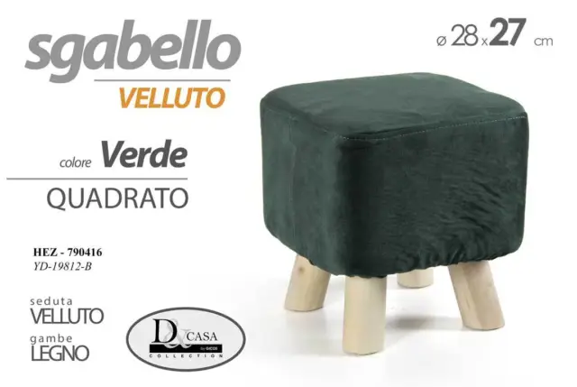 Pouf Sgabello Poggiapiedi Quadrato VELLUTO VERDE Pouff Gambe Legno 28*27 cm