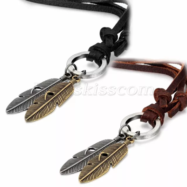 Men Vintage Fashion Angel Feather Pendant Adjustable Leather Rope Chain Necklace