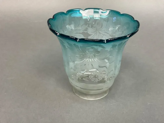 RARE VINTAGE ANTIQUE GLASS LAMP Bell SHADE - 2.25” FITTER  Blue Teal Edge Etched