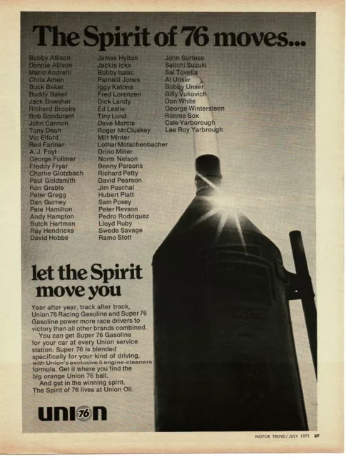 1971 UNION 76 Racing Gas Gasoline long list of race driver winners Vintage Ad