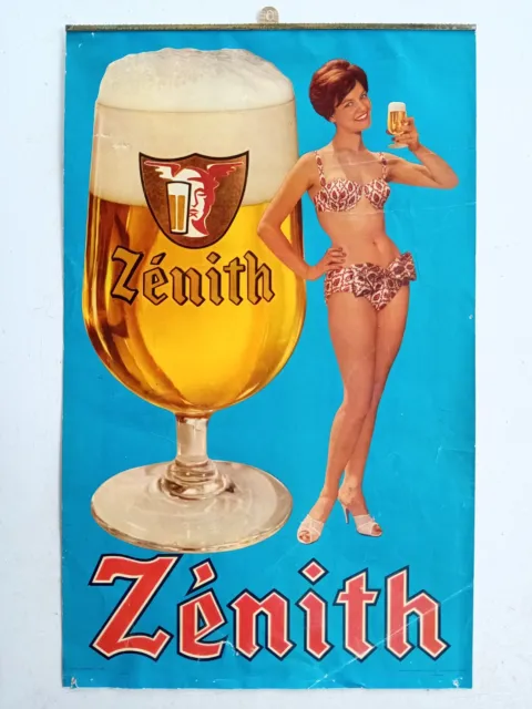 Ancienne affiche publicitaire Bière ZÉNITH brasserie de Marseille - femme PIN-UP