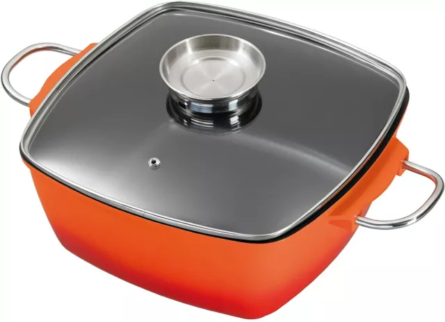 KING 20 cm Aluguss Bräter orange Auflaufform Glas-Deckel für Induktion Backofen