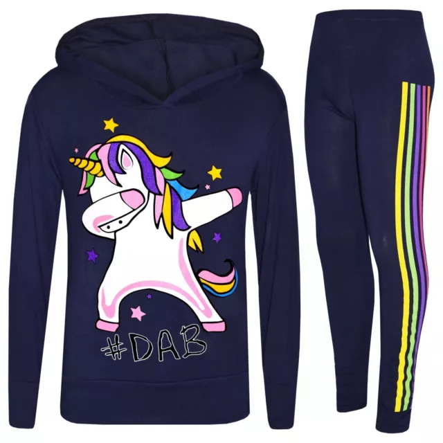 Set leggings top con filo interdentale per bambini bambine blu navy unicorno arcobaleno #Dab tuta di Natale 7-13 anni