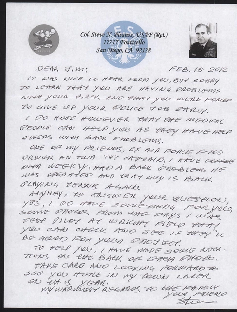 Superb "Steve Pisanos" Hand Written Letter On His Personal Stationary Signed!
