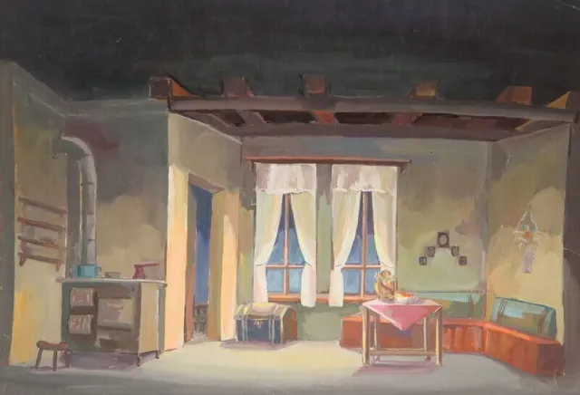 Vintage gouache painting Theater stage old house living room interior design