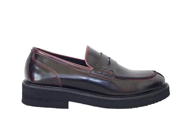 Scarpe Mocassini Donna College Pelle Bordo' Tacco Basso Lucido Made In Italy