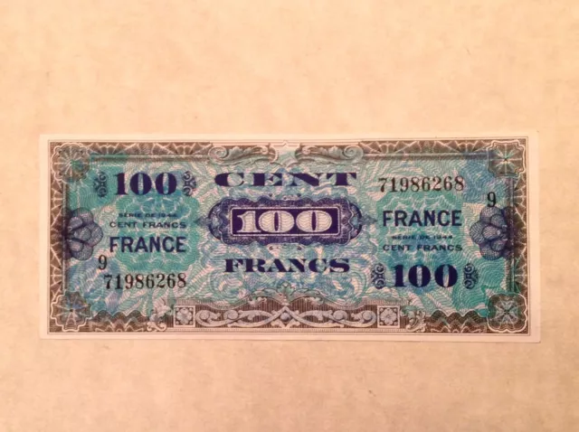 Rare 1944 France 100 Francs WW II Allied Military Currency Block 9 - P 123d