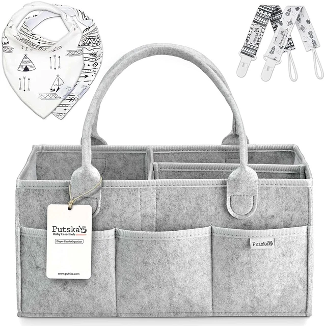 Baby Diaper Caddy Organizer Nursery Basket Set W 2 Drool Bibs & 2 pacifier clips