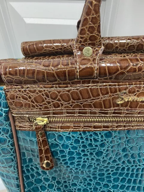 Samantha Brown Luggage Turquoise Blue Brown Croc Embossed Weekender Carry On Bag 16
