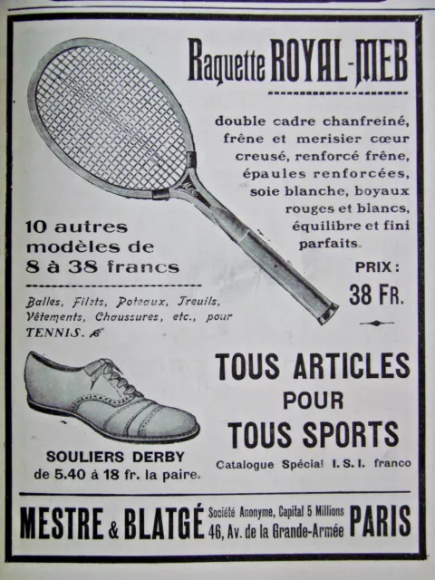 Publicité De Presse 1914 Raquettes Royal-Meb Et Souliers Derby Mestre & Blatgé