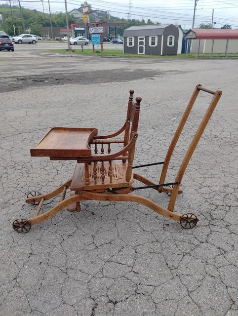 Antique Oak Convertible Pressed Back Victorian High Chair Baby Stroller