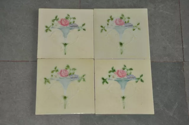 4 Pc Vintage Majolica Flower Basket Decorative Art Ceramic Tiles , England