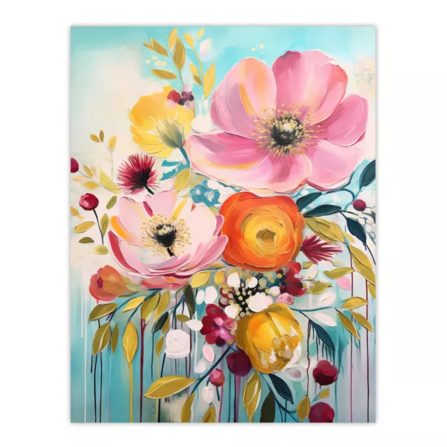 Teal Pink Yellow Flowers Bright Elegant Vibrant Blooms Wall Art Poster Print