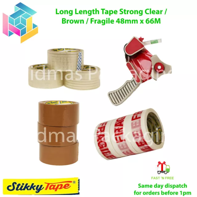 PARCEL PACKING TAPE BROWN/CLEAR & LOW NOISE FRAGILE 48MMx66M 2 INCH + GUN Option