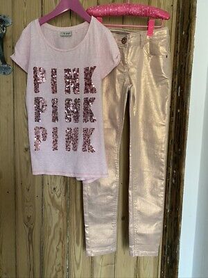 Girls Rosa Shimmer NEXT jeans e Rosa con Lustrini T-Shirt Set Età 11 Anni, Nuovo