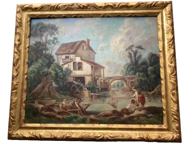 18th Century Beautiful Fishermen's Landscape French Oil on Canvas Framed