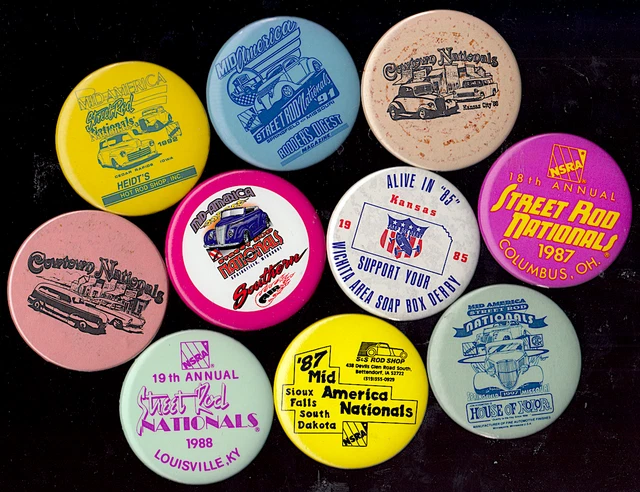 Vintage CAR SHOW 10 Pinback Button Lot Mid America, Street Rod Nationals (HOT2)
