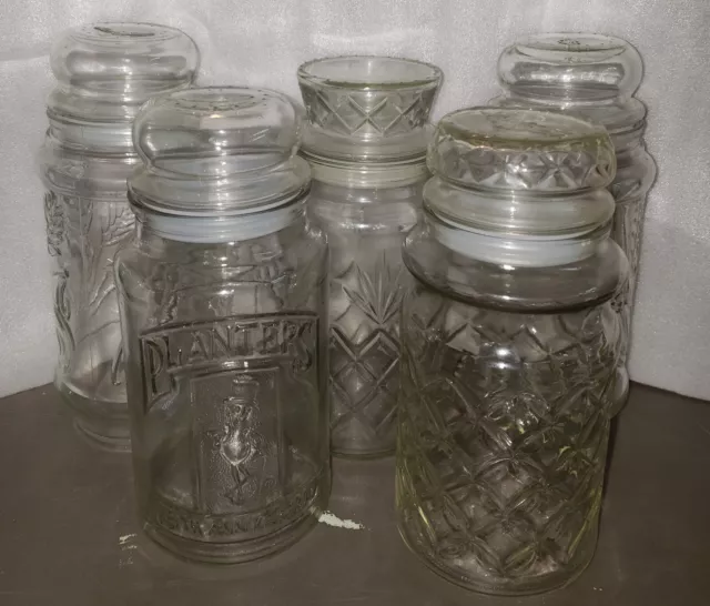 Planters Mr Peanut Glass Jars Lot of 5 Vtg Clear Canister & Lids  '81-'84 '82x2