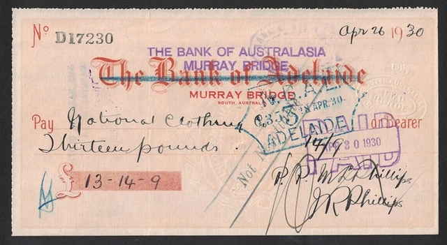Australia 1930 Altered ChequeBank Australasia Murray Bridge £13-14-9