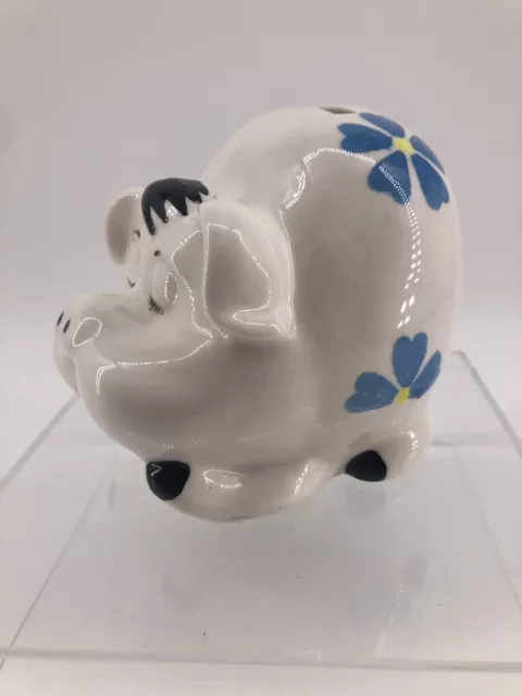 Vintage Ceramic Pottery Pig Piggy Bank Sleeping With Blue Flowers Hand Painted