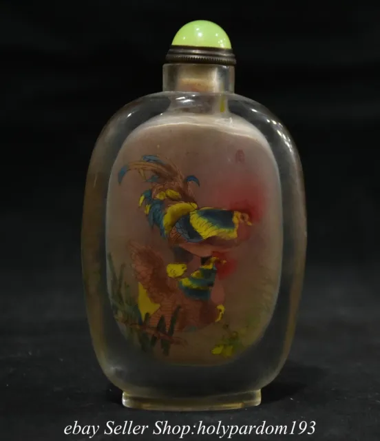 4.8" Old Chinese Glass Inside painting Chicken Chook Snuff box Snuff bottle