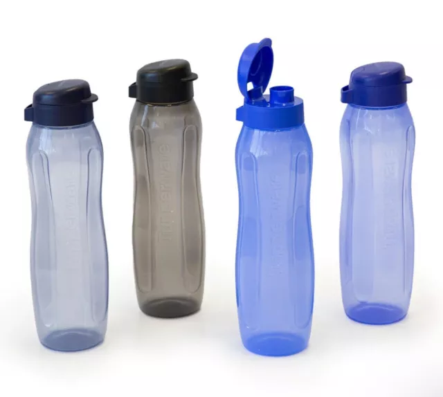 Tupperware Gen II 1L Eco Water Drink Flip Top Bottles Set Of 4 Blues & Grey New