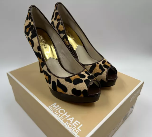 Michael Kors York Platform Leopard Print Leather Fur Womens High Heels Sz 7.5