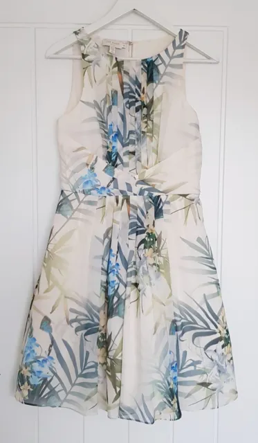 Ted Baker Ameda Twilight Floral Pleat Dress Size 2 UK 10 Summer Party Cream