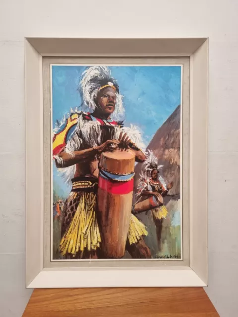 Mid century African warrior painting Framed original print Retro Large Vibrant