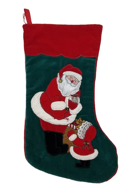 Vintage Christmas Stocking Appliqué Crewel Embroidery Velvet Handmade Santa