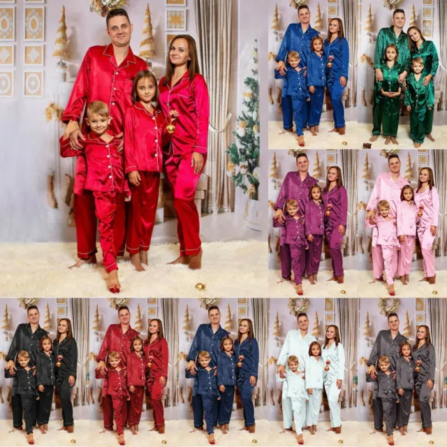 Family Matching Adult Kids Christmas Satin Silk Pajamas PJS Xmas Sleepwear Set