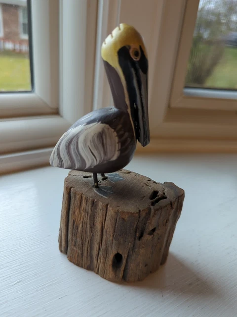 Pelican on Driftwood Nautical Ocean Sea Bird Sculpture Figurine Hand Painted 6"