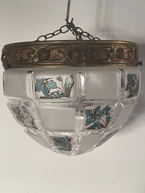 Lustre Suspension Vintage En Verre Marmoréen Et Bronze - Tulipes - Style Muller Frères Lunéville