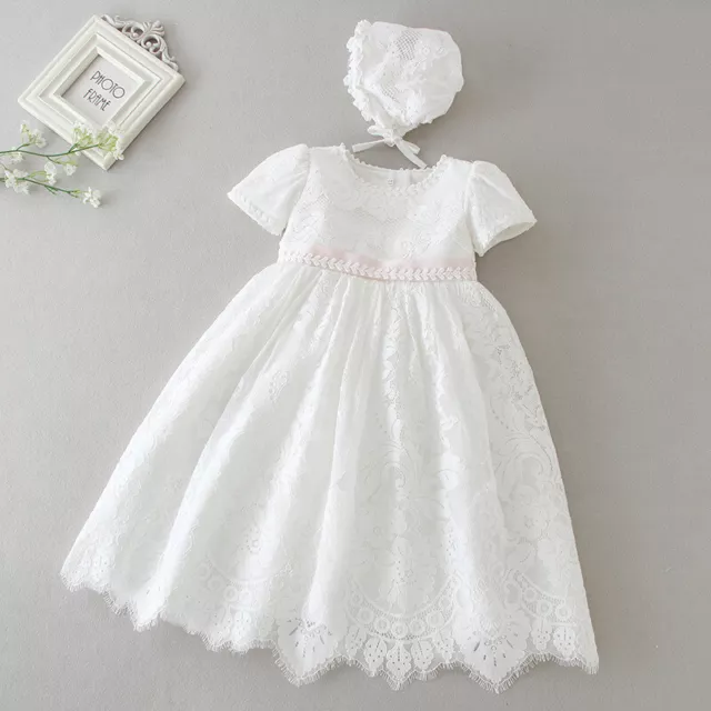 Vintage Baby Girl Baptism Dress Bonnet Floral Embroidery Christening Lace Gown